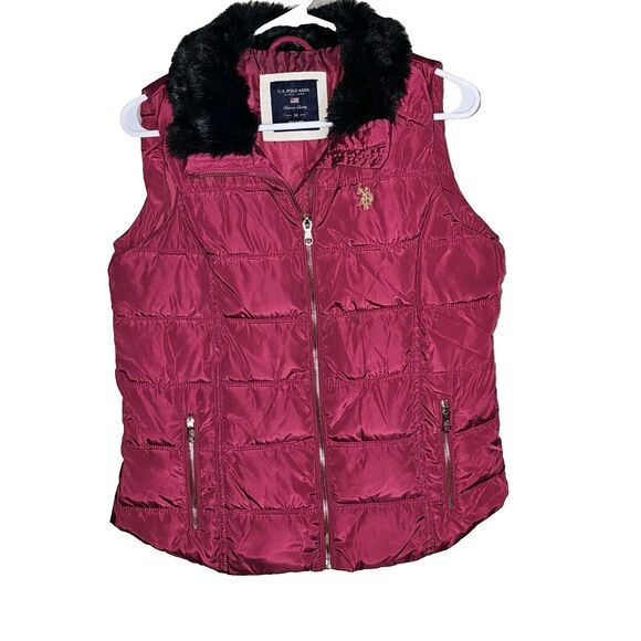 U.S. Polo ASSN Puffer Vest S Womens Size Medium Soft Faux Fur Collar Red Maroon - Picture 1 of 9
